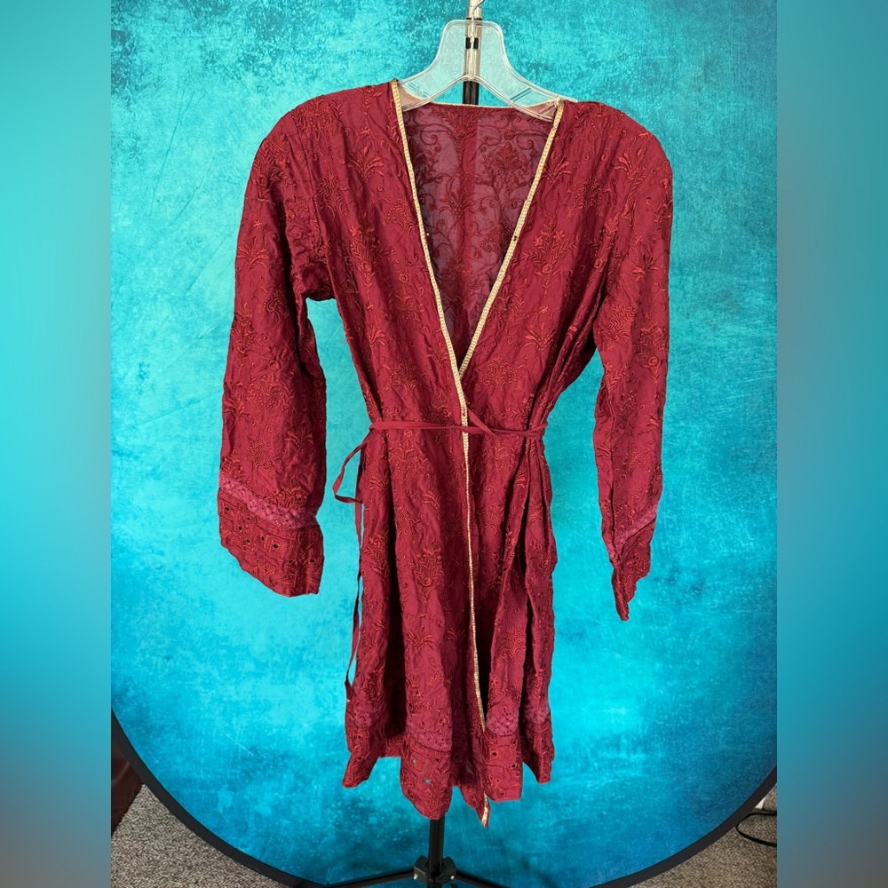 Vintage Embroidered Burgundy Wrap Dress Boho 70s Vibe / embroidered robe